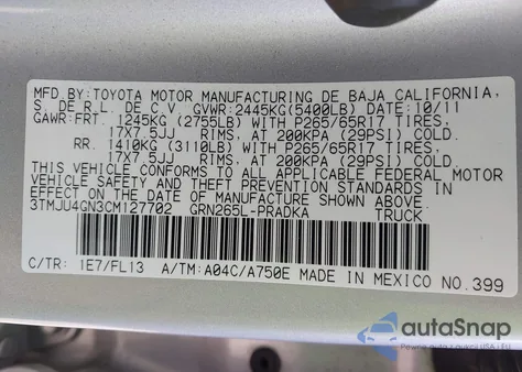 2012 Toyota Tacoma Prerunner V6 z USA, uszkodzony, nr VIN 3TMJU4GN3CM127702
